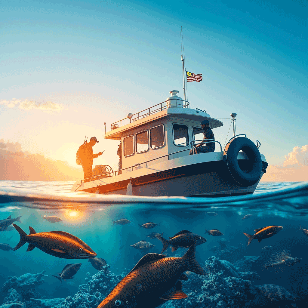 Develop a photorealistic image showcasing the sustainability initiatives of A2 DYNATECH SOLUTIONS SDN BHD. Illustrate marine biologists conducting research on a boat, surrounded by marine life in clear waters. Use golden hour lighting to create a serene atmosphere and a color palette that highlights the blue of the water and the vibrant colors of marine life. The composition should evoke a connection between technology and nature, focusing on interactions and findings. Maintain high-resolution to capture intricate details.
